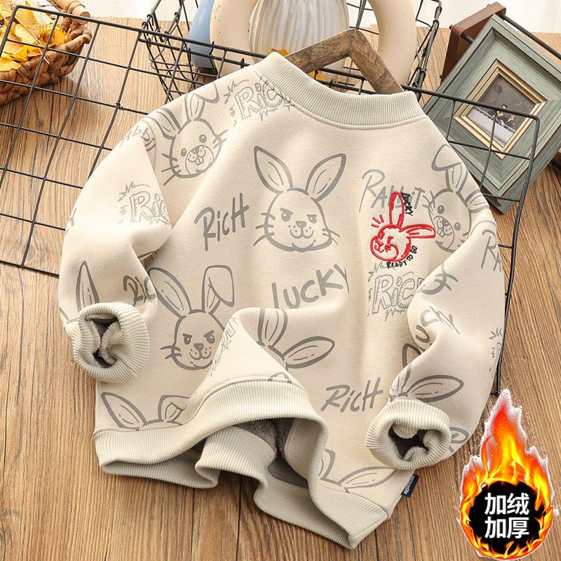 男女童卡通加绒卫衣一体绒上衣过年服中大童加绒加厚上衣