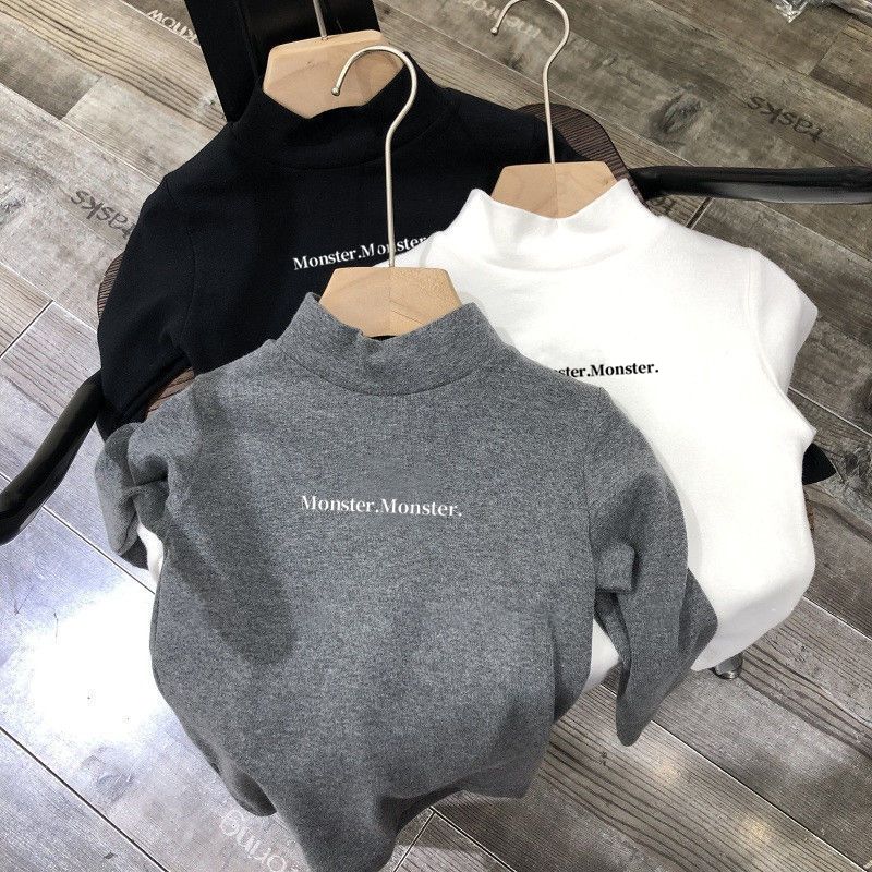 新款儿童长袖半高领时髦T恤2023秋冬装男女童螺纹德绒打底衫上CHH