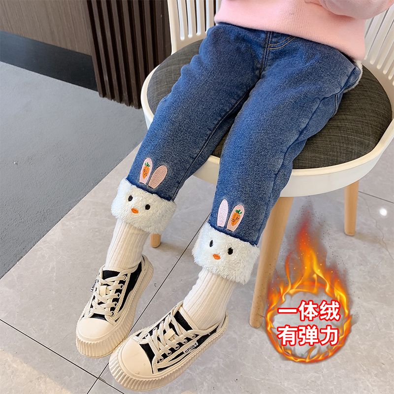 女宝宝一体绒牛仔裤冬装洋气儿童弹力长裤外穿秋冬季女童