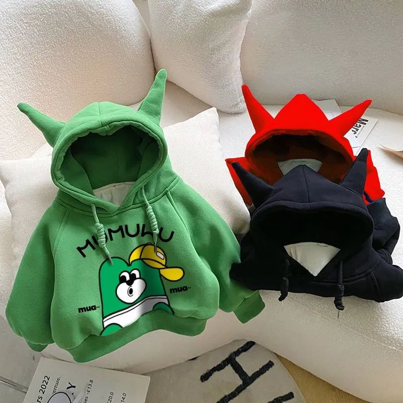 儿童秋冬季男女童加绒连帽一体绒宽松卫衣韩版中小童宝宝保暖上衣