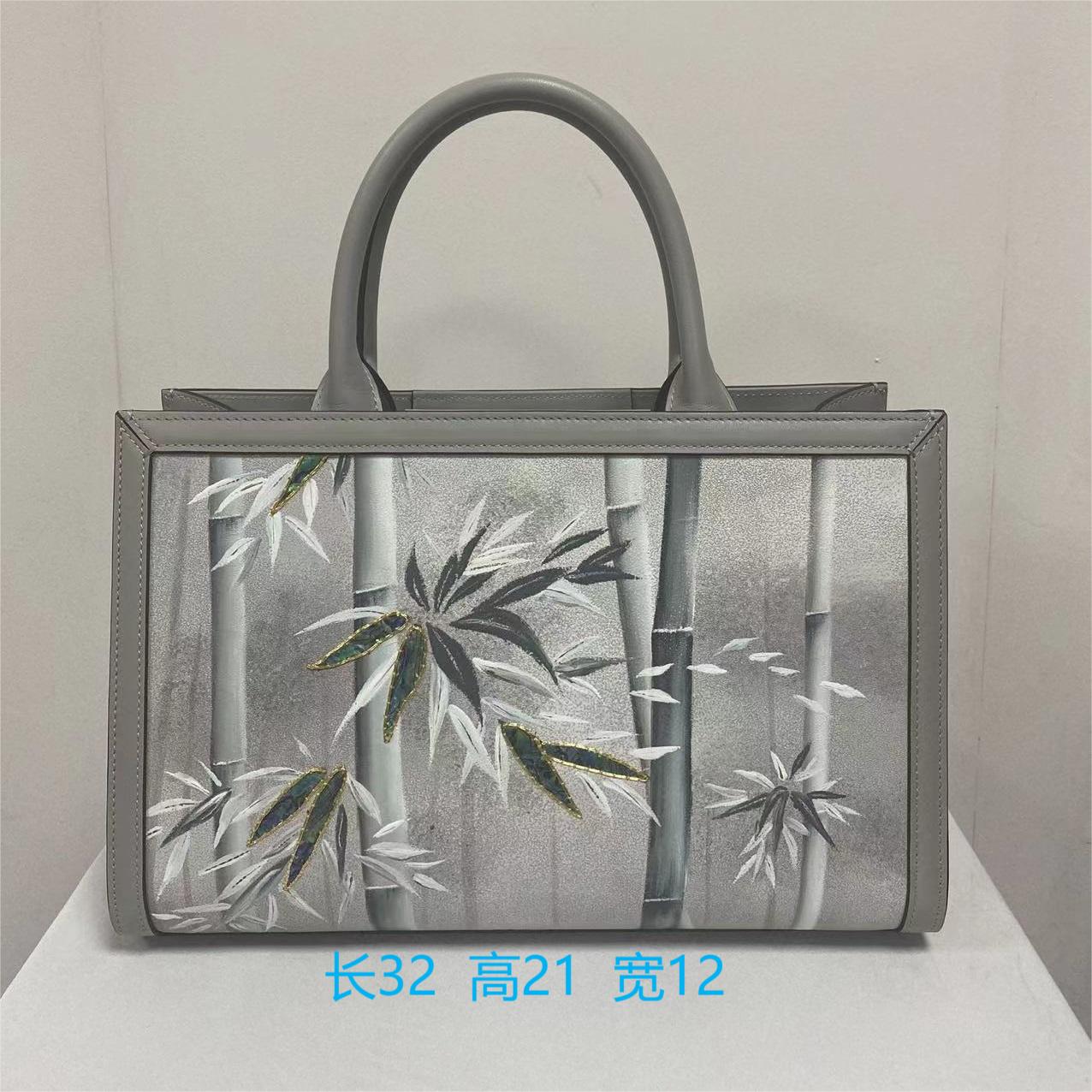 国风螺钿彩金手绘竹子工艺头层手提横款戴妃包大号