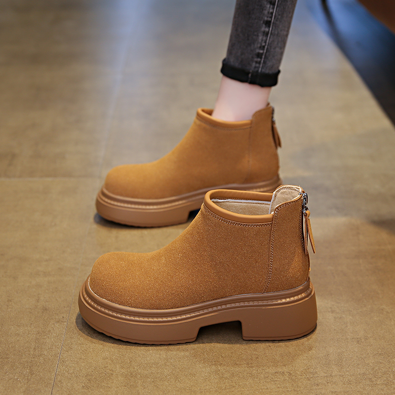 真皮美拉德短靴女款2024冬季新款时尚百搭小个子粗跟加绒瘦瘦靴