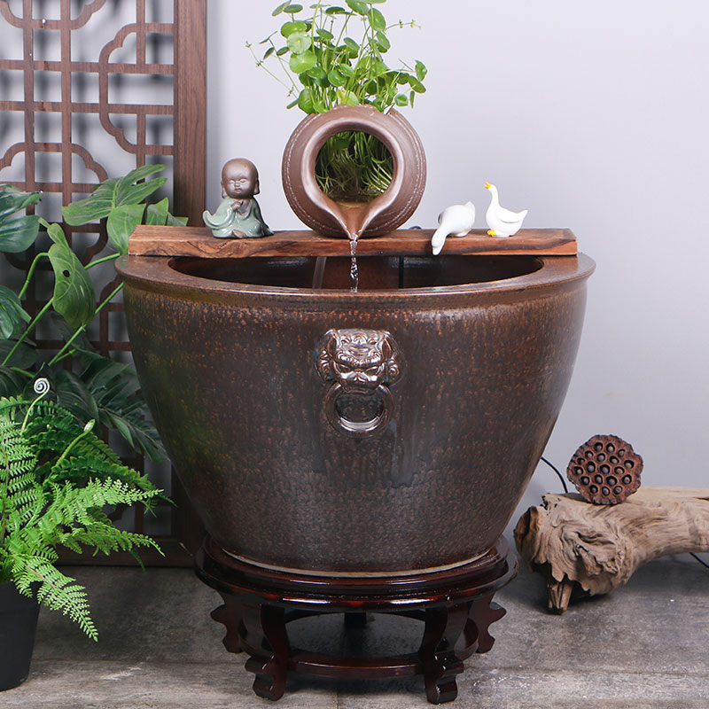陶瓷大缸古法养鱼缸客厅阳台落地金鱼缸陶罐循环流水造景老式水缸