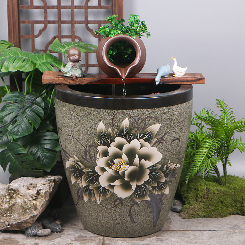 景德镇陶瓷鱼缸加高鱼缸流水摆件金鱼缸加湿造景荷花缸乌龟睡莲缸