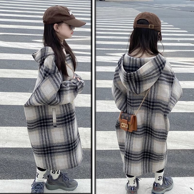 巴拉拉吧23年秋冬新款儿童格子呢大衣女童中长款韩版呢子长款保暖