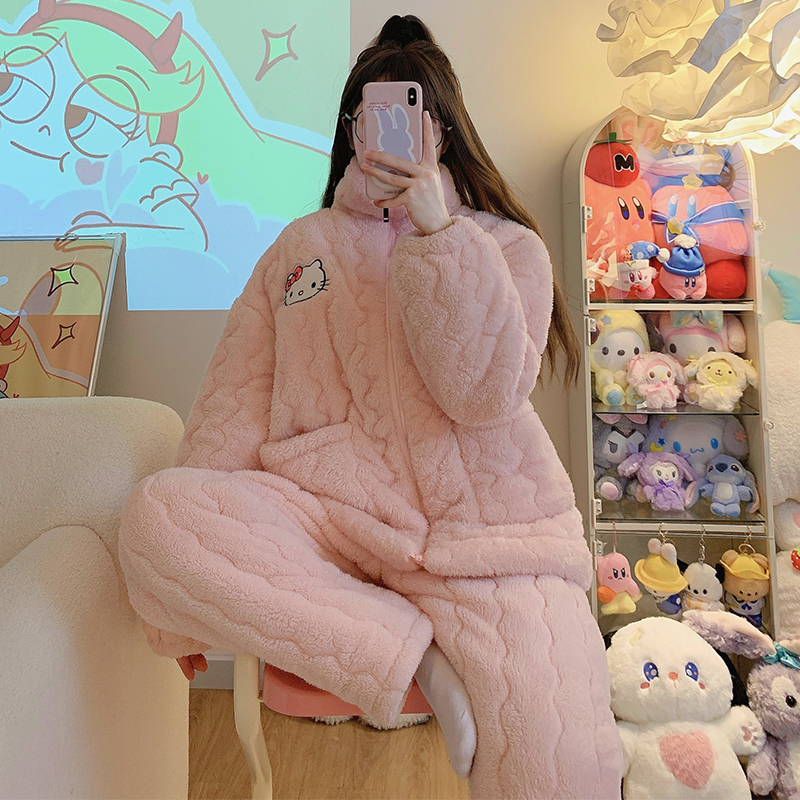 kt猫卡通可爱纯色睡衣女冬季爆款加厚加绒家居服2023新款高级感