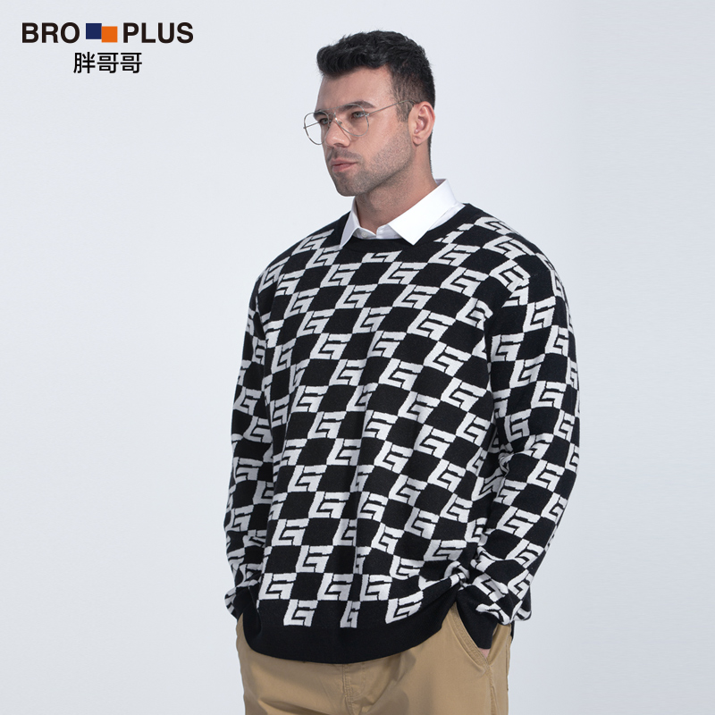 胖哥哥秋冬季新款圆领男士毛衣宽松加肥加大码棋纹打底衫男上衣潮