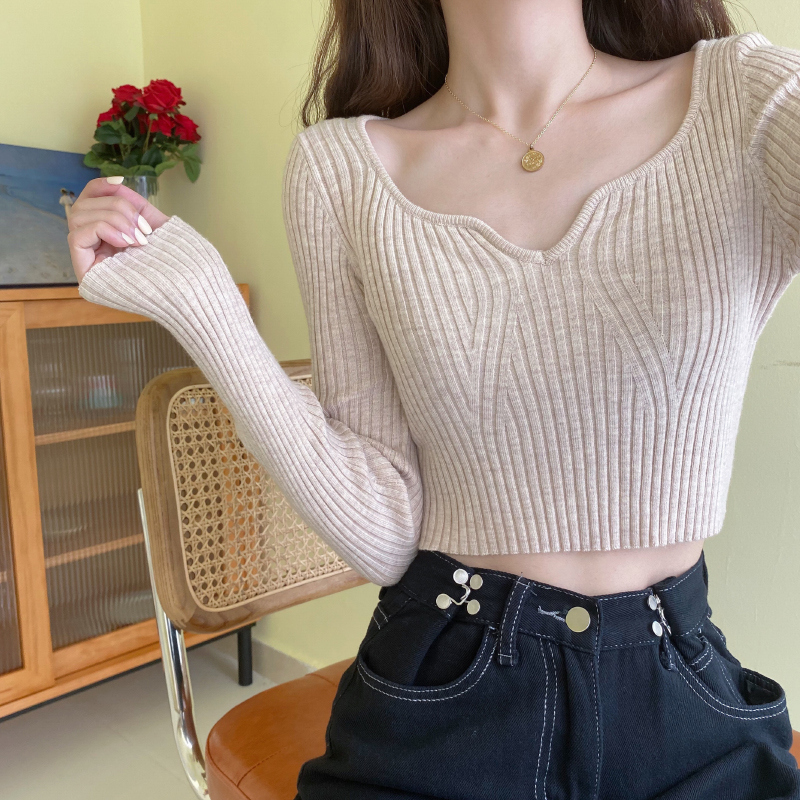 毛衣女秋冬百搭修身内搭v领长袖打底针织衫洋气时尚别致短款上衣