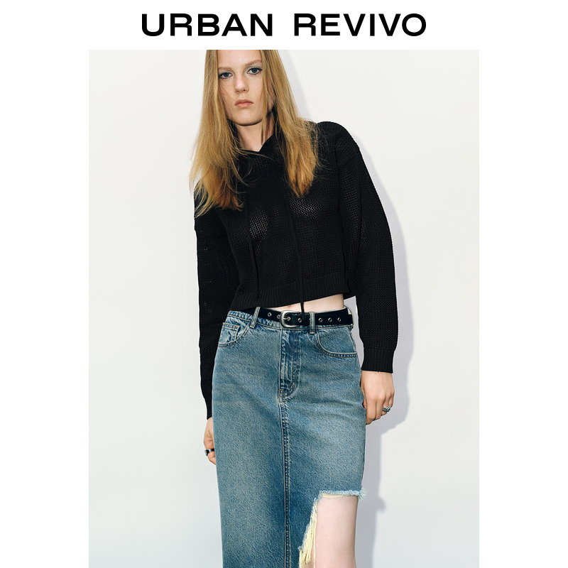 UR2024秋冬新款女装潮酷肌理感抽绳连帽软糯针织衫UYV940011