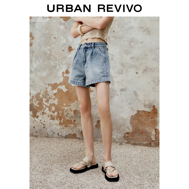 UR女装时尚休闲百搭洗水压褶牛仔短裤UWM840011
