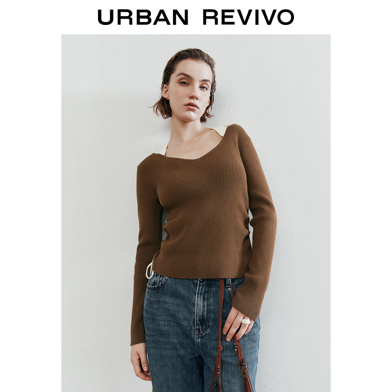 UR新款女装撞色挂脖修身系带针织衫UYL940042+