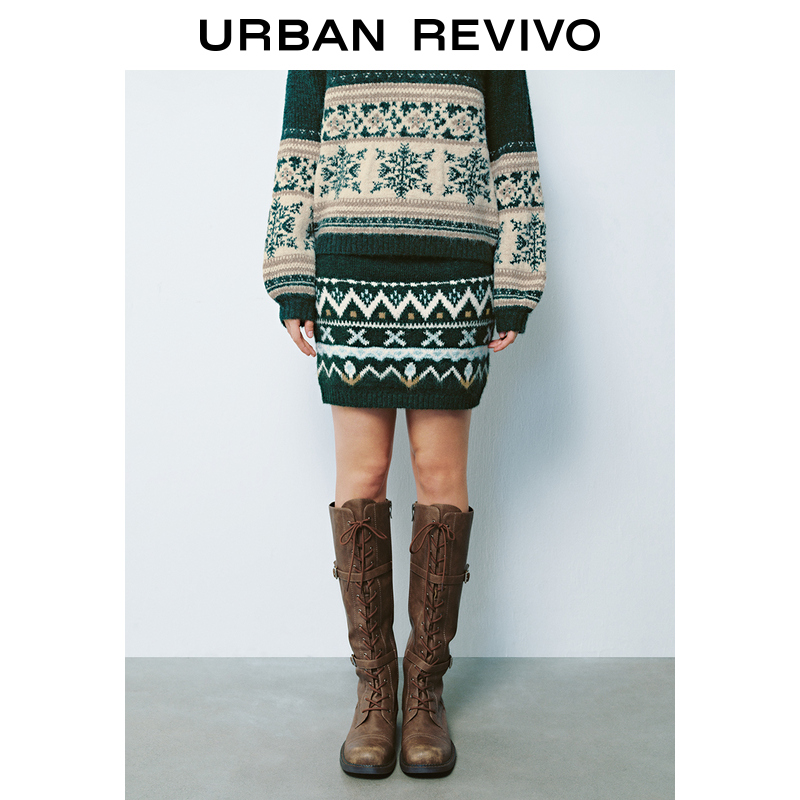 UR女装复古休闲费尔岛提花针织半裙UYL940075