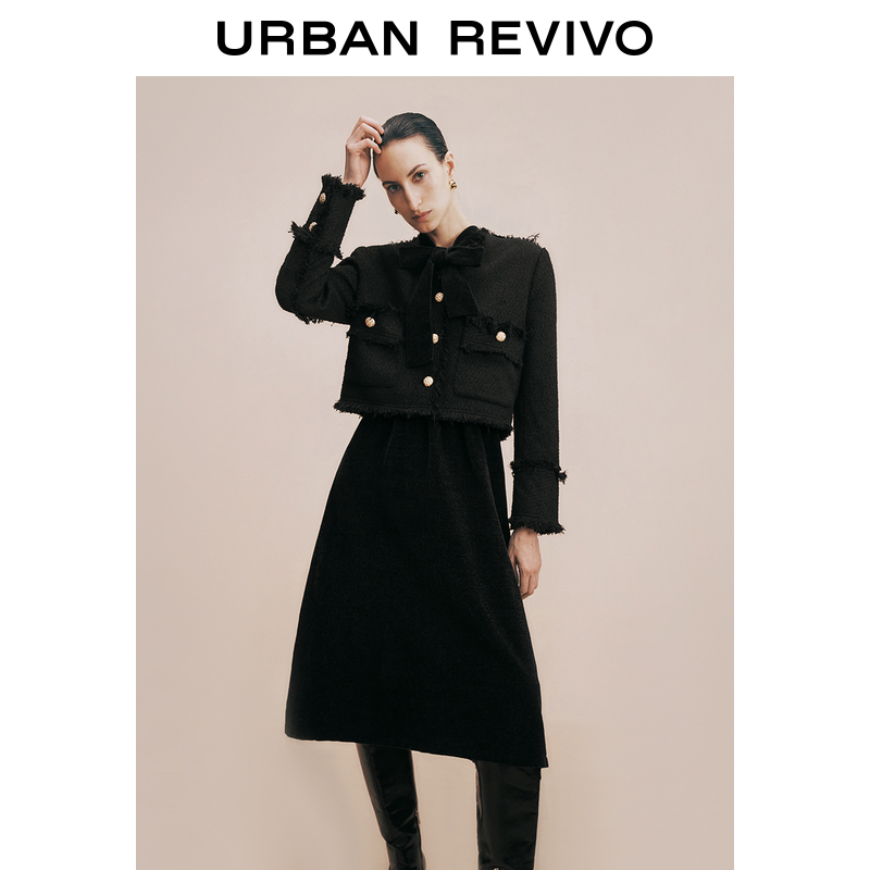 UR2024秋冬新款女经典都市小香金属扣须边圆领外套UWG130128