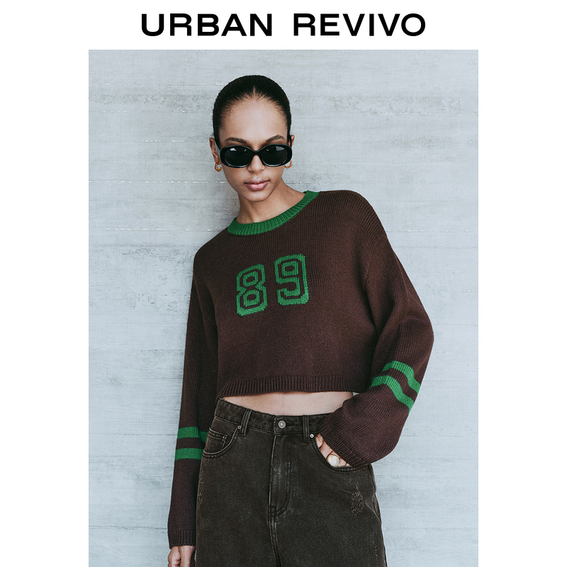 UR新款女装时尚显瘦小众美式学院风撞色提花软糯针织衫UYY940085