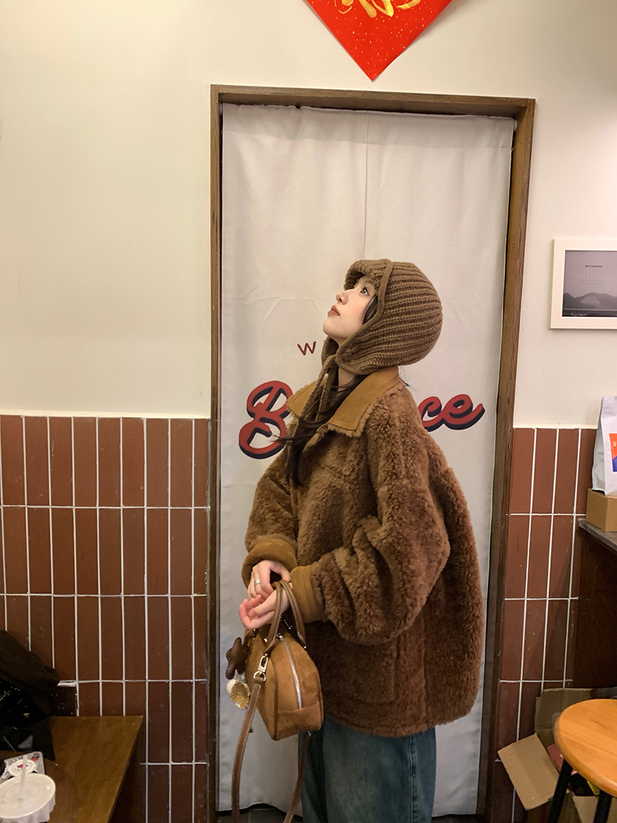 两面穿方领加厚绵羊毛颗粒绒大衣外套女