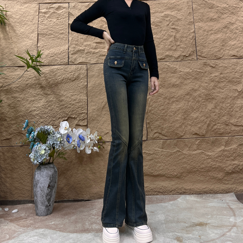2024年春夏高腰微喇牛仔裤女新款修身百搭小个子长裤修身百搭裤子