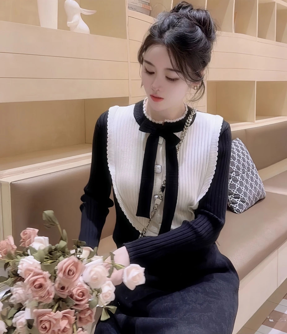 E'VAN【香缇卡】法式绵羊毛温柔女洋气时尚长袖针织衫领结百搭毛衣