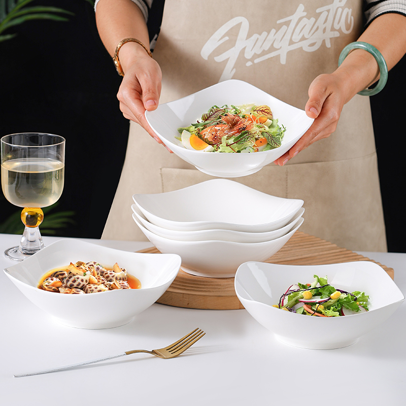 句途6个8英寸四边翘脚碗饭碗汤碗高温釉下彩白色家用陶瓷餐具