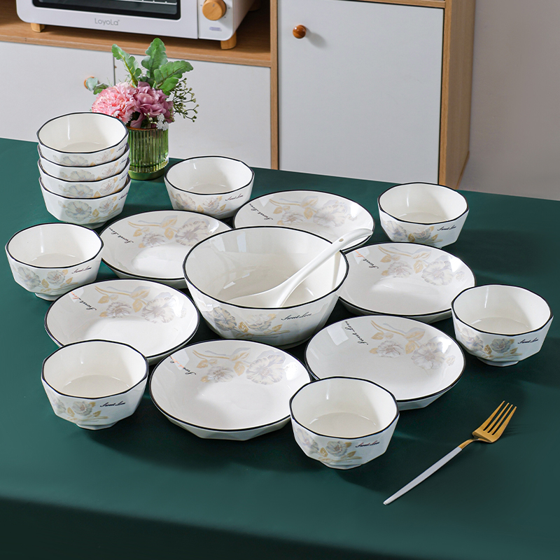 句途甜蜜蜜18件碗盘餐具套装米饭碗圆盘耐高温防烫家用陶瓷餐具