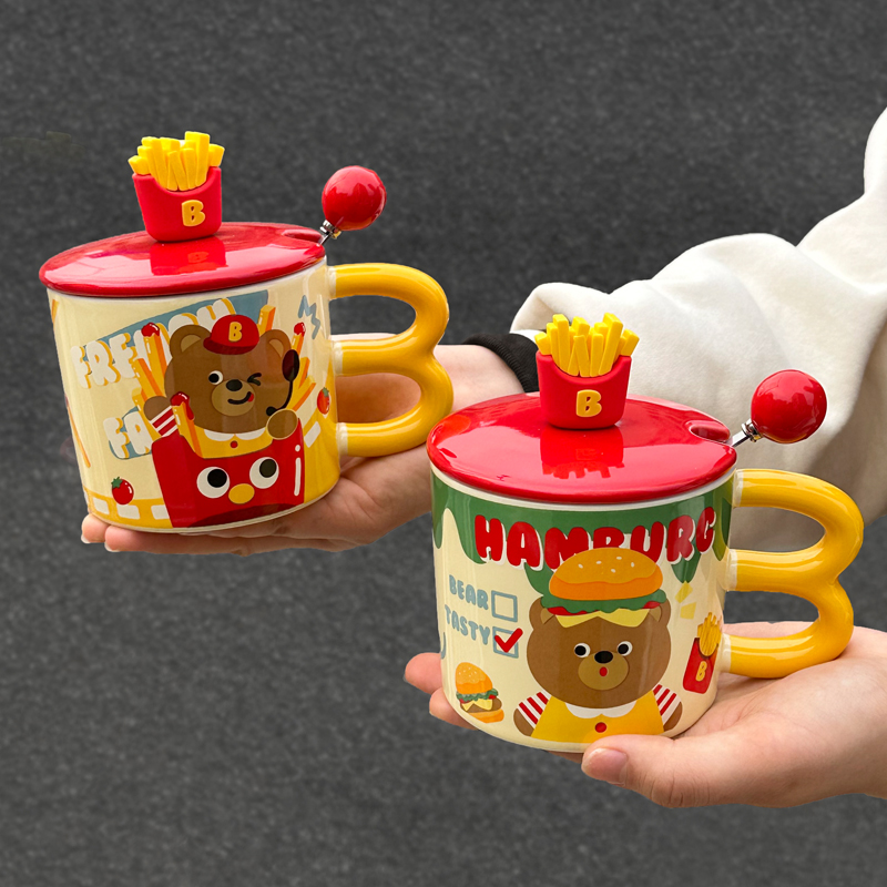 法式薯条大容量杯子可爱男女生陶瓷马克杯带盖勺办公室咖啡牛奶杯