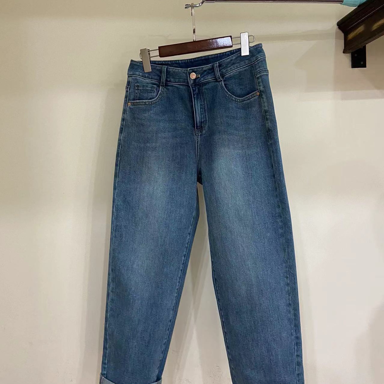 （平平精选）新品显瘦百搭水洗休闲高腰宽松复古直筒九分牛仔裤