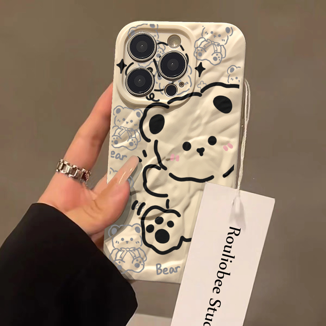 线条小熊褶皱适用于苹果15手机壳iphone13/14promax防摔12/11女款