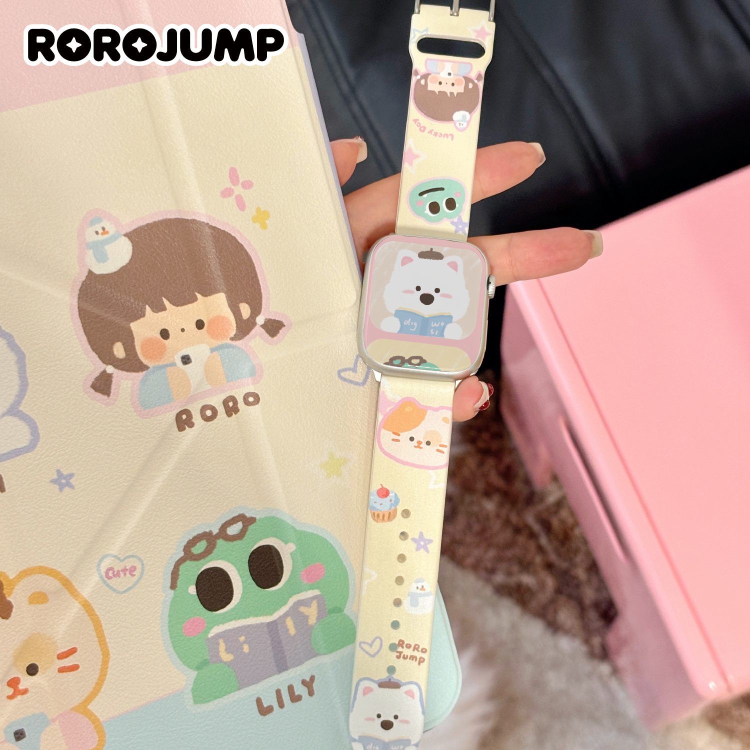 肉肉酱玩手机时间iwatch苹果手表适用4445手表可爱卡通运动表带