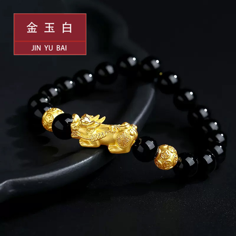 黄金貔貅转运珠3d硬金招财皮丘路路通手链999足金情侣款貔貅手串