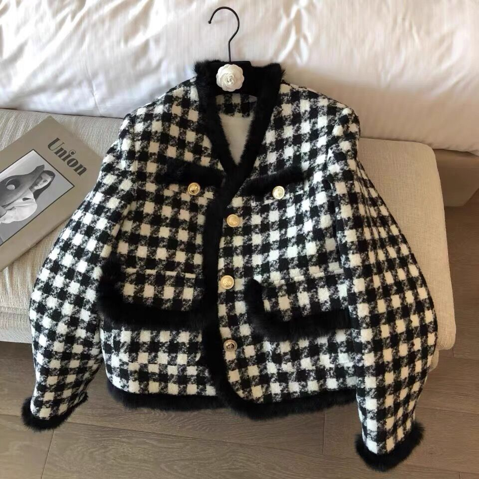 休闲韩版气质微胖秋冬宽松厚外套小香风服饰长袖千鸟格女款A