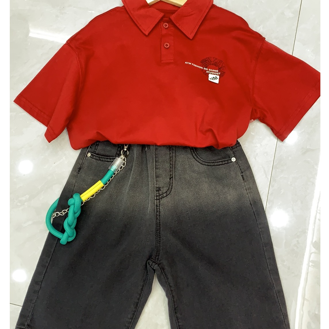 华姐叫号童装短袖洋气红色韩版翻领中童纯色