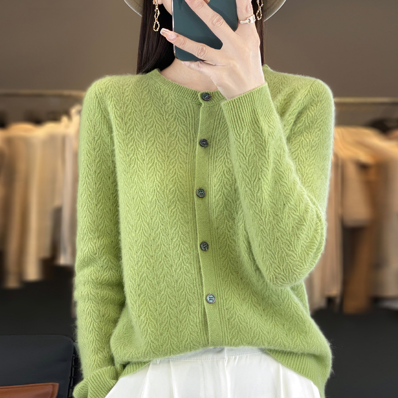 精致凤尾！春季新款100纯羊毛开衫女圆领短款镂空针织外套显瘦上衣