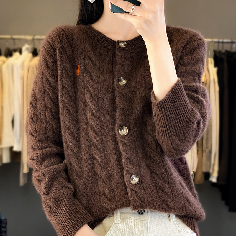 秋冬新款加厚麻花100纯羊毛开衫外套女圆领短款宽松针织毛衣外搭