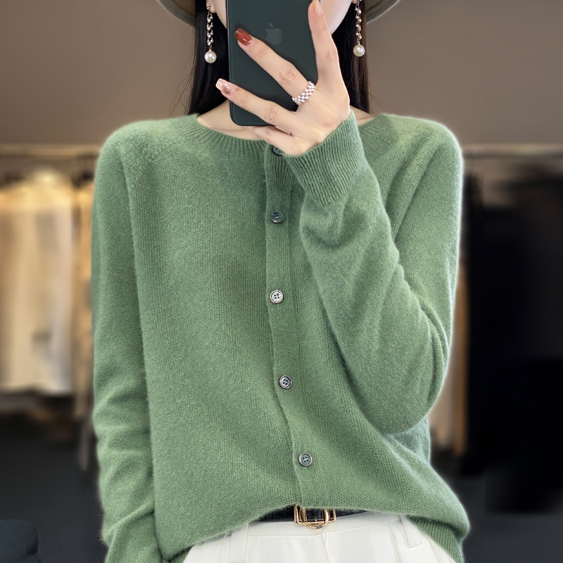 【一线成衣】100%纯羊毛开衫外套女圆领秋冬新款桂花针短款针织外搭