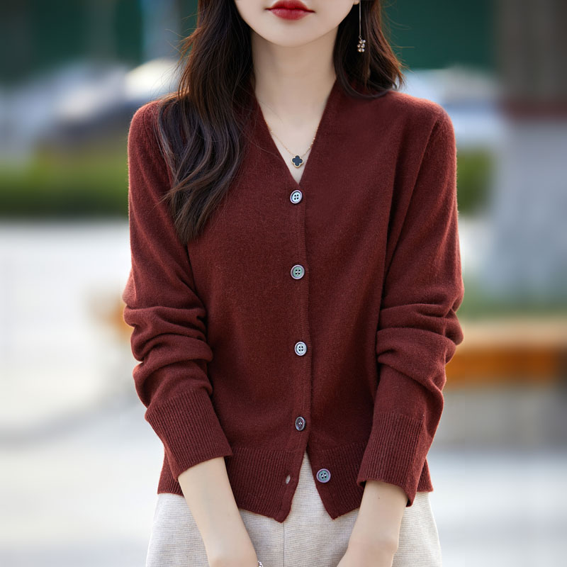 高级安哥拉红！100羊毛开衫女V领短款小外套秋冬针织毛衣外搭