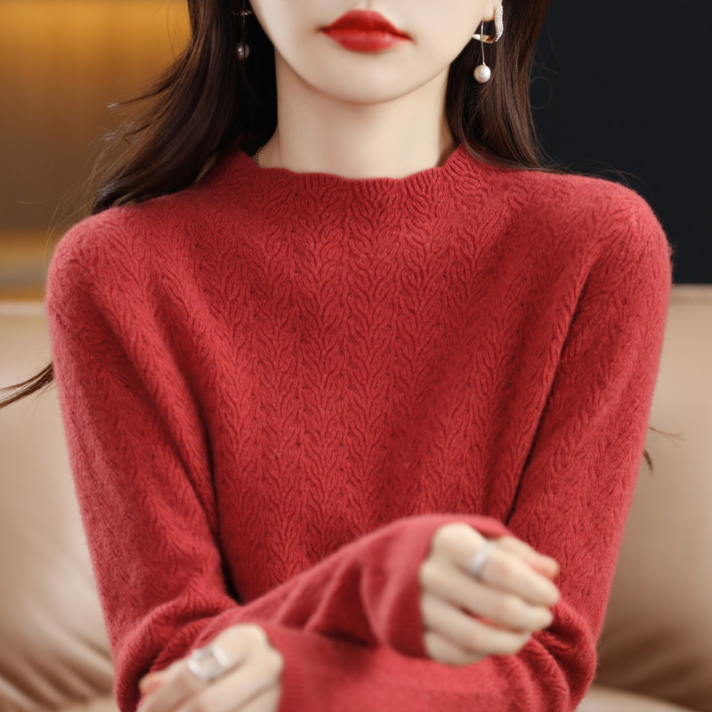100纯羊毛衫女半高领短款挑空针织打底衫秋冬新款纯色套头毛衣