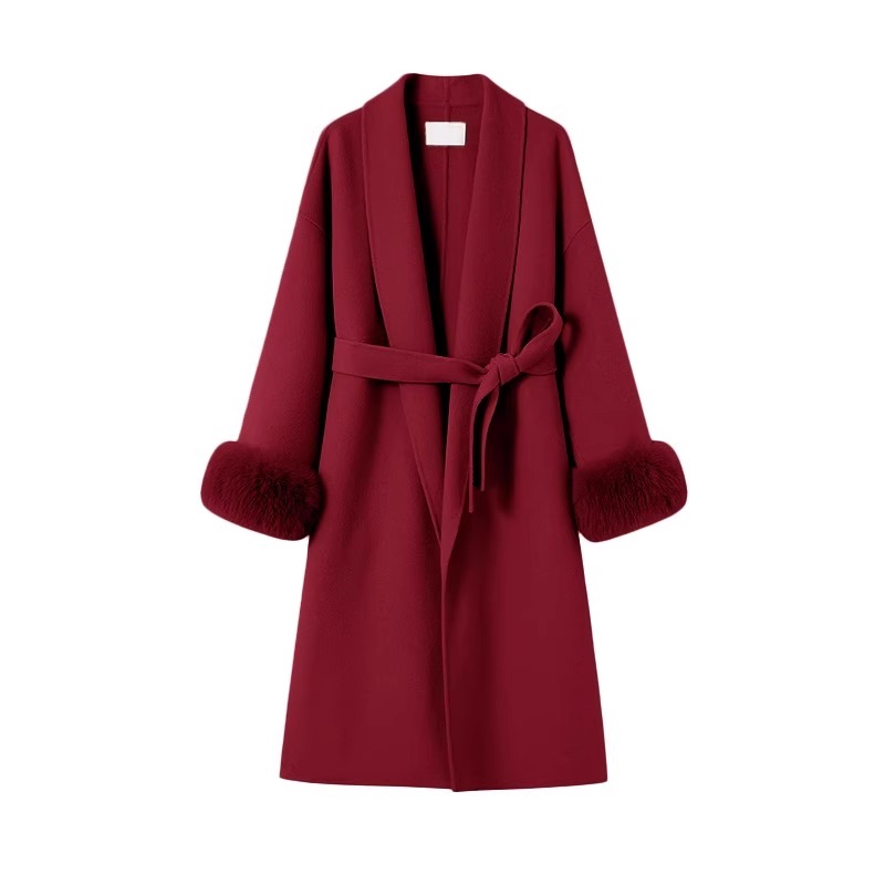 过年酒红色双面大毛领毛呢外套女冬季中长款宽松显瘦呢子外套