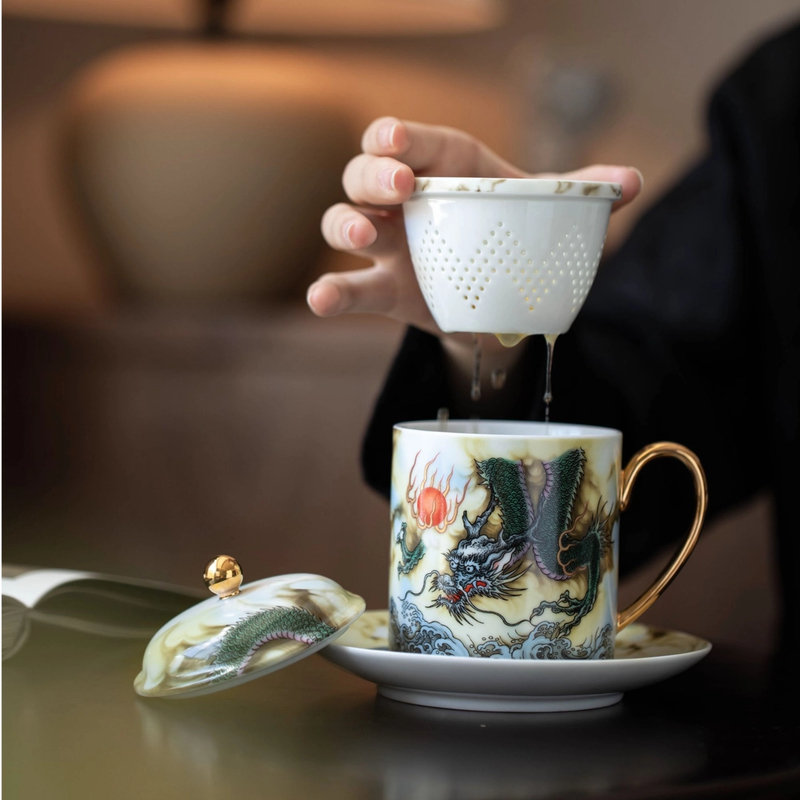 龙腾盛世陶瓷办公杯 WY-121 带盖过滤茶水分离龙年个人专用水杯杯