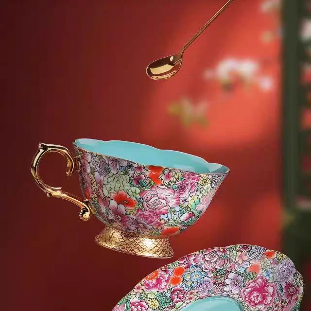 五言六器 如意芳菲珐琅彩咖啡杯单杯碟wy-058 茶具精美礼盒