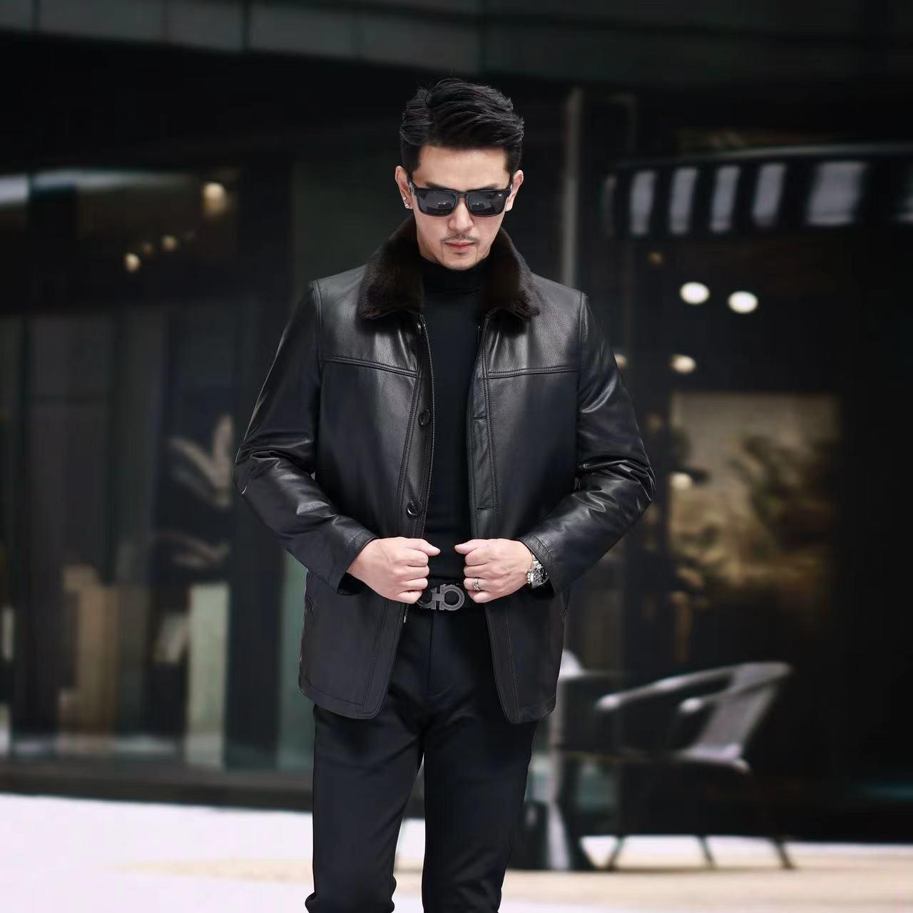 皮衣男真皮小牛皮冬季中年夹克加厚保暖仿貂绒皮毛一体可脱卸外套