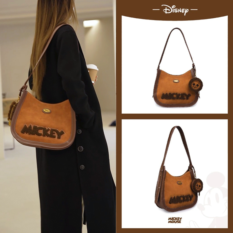 Disney/迪士尼2023冬季新款米奇复古美拉德系麂皮拼接子母托特包