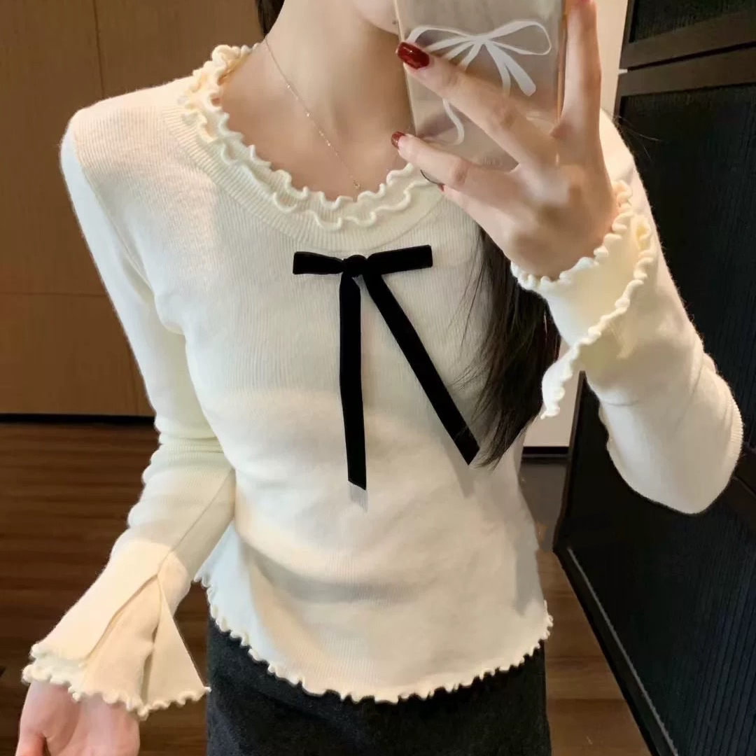 法式蝴蝶结针织衫女冬季设计感双层木耳边修身显瘦内搭打底衫上衣