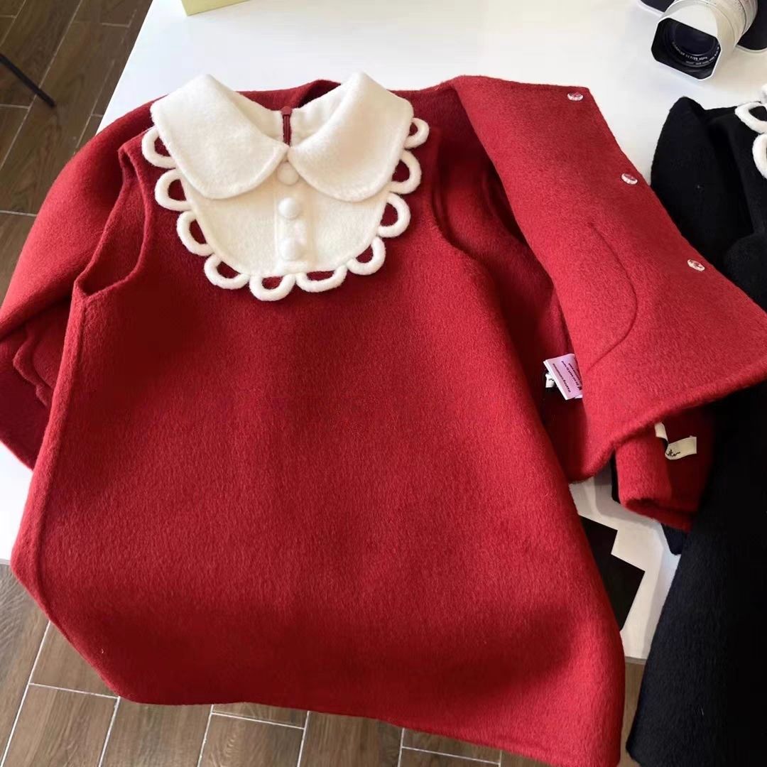 韩版童装女童毛呢冬季新款洋气儿童红色呢子背心裙女宝宝连衣裙