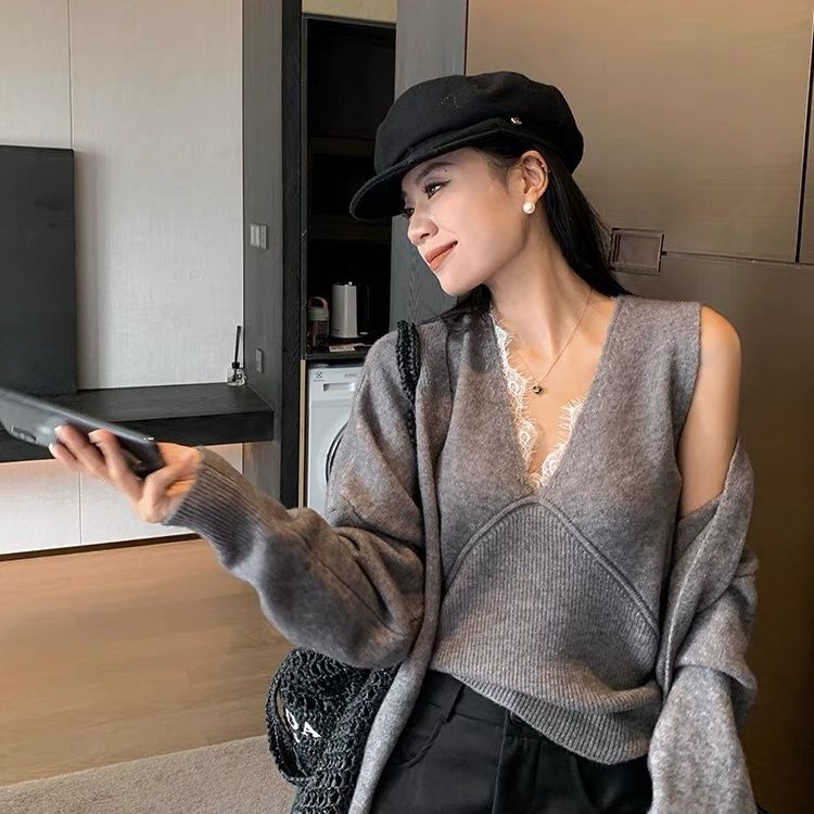 秋季蕾丝针织背心女灰色毛衣开衫外套宽松慵懒风时尚套装设计感
