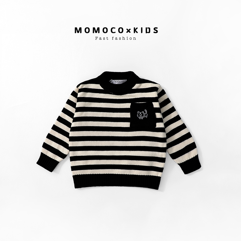 MOMOCO/2023新款男童圆领秋冬条纹口袋毛衣76430230220
