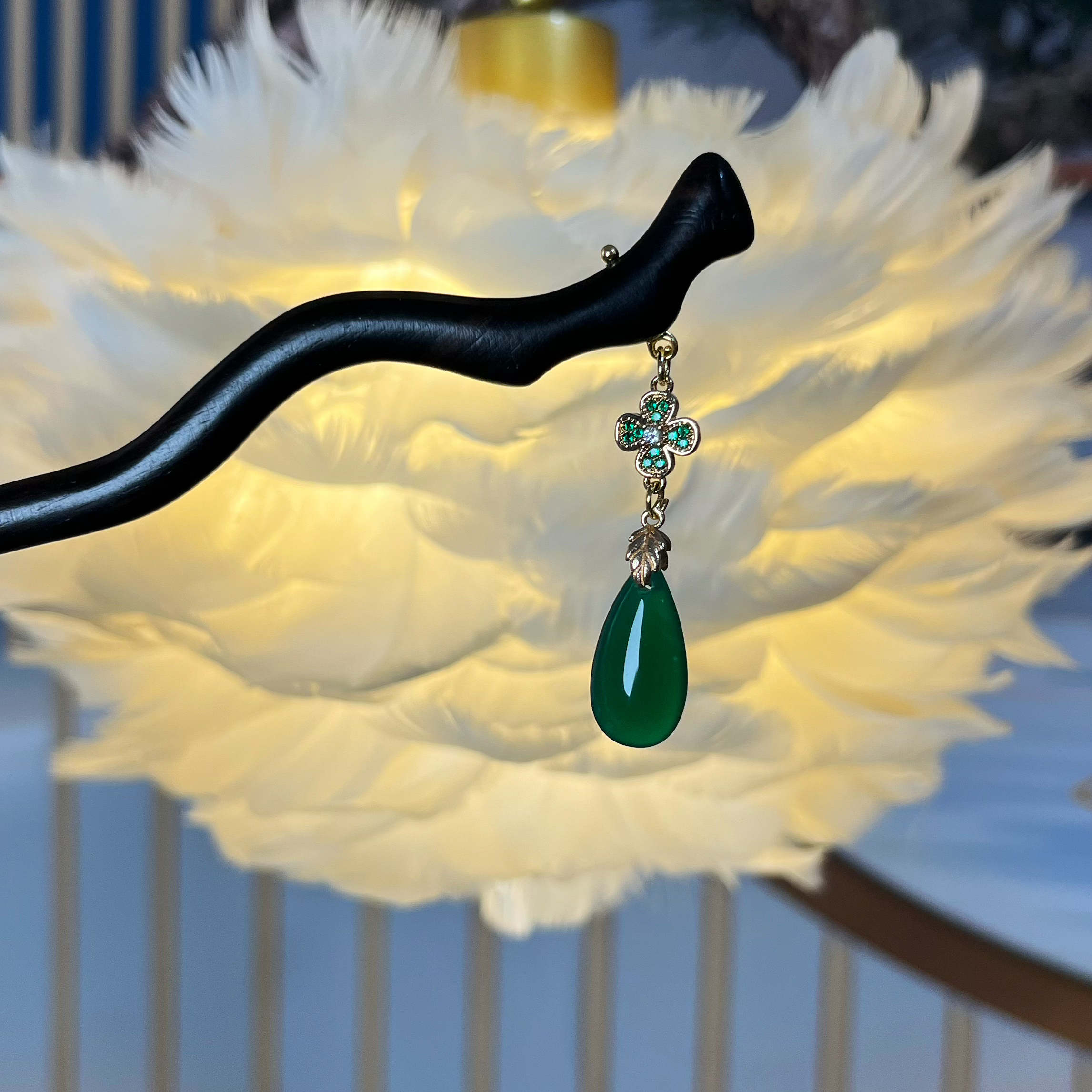 七公子 绿储 古典简约黑檀木发簪流苏吊坠汉服头饰中式盘发簪子