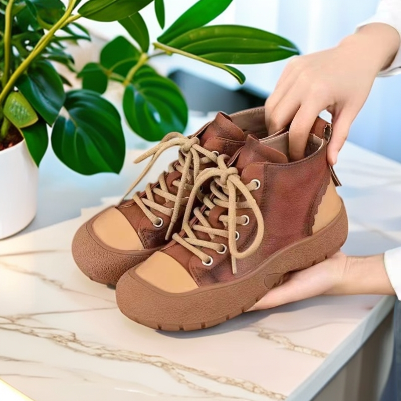 时尚秋冬新款头层牛皮圆头厚底短靴冬季真皮靴子复古洋气百搭女鞋