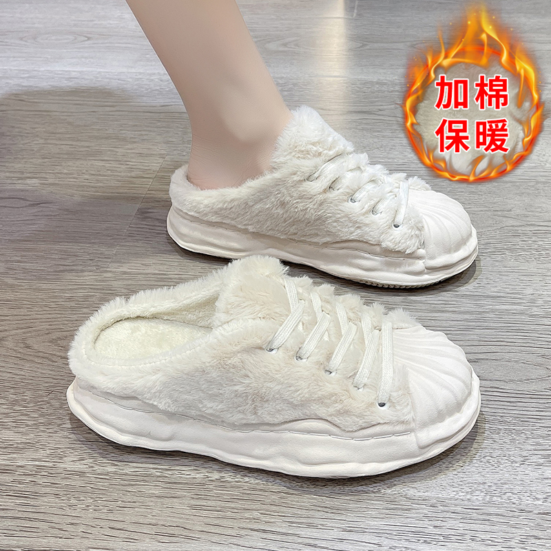 毛毛拖鞋女外穿2023新款网红小香厚底欧货百搭白色羊羔绒包头半拖
