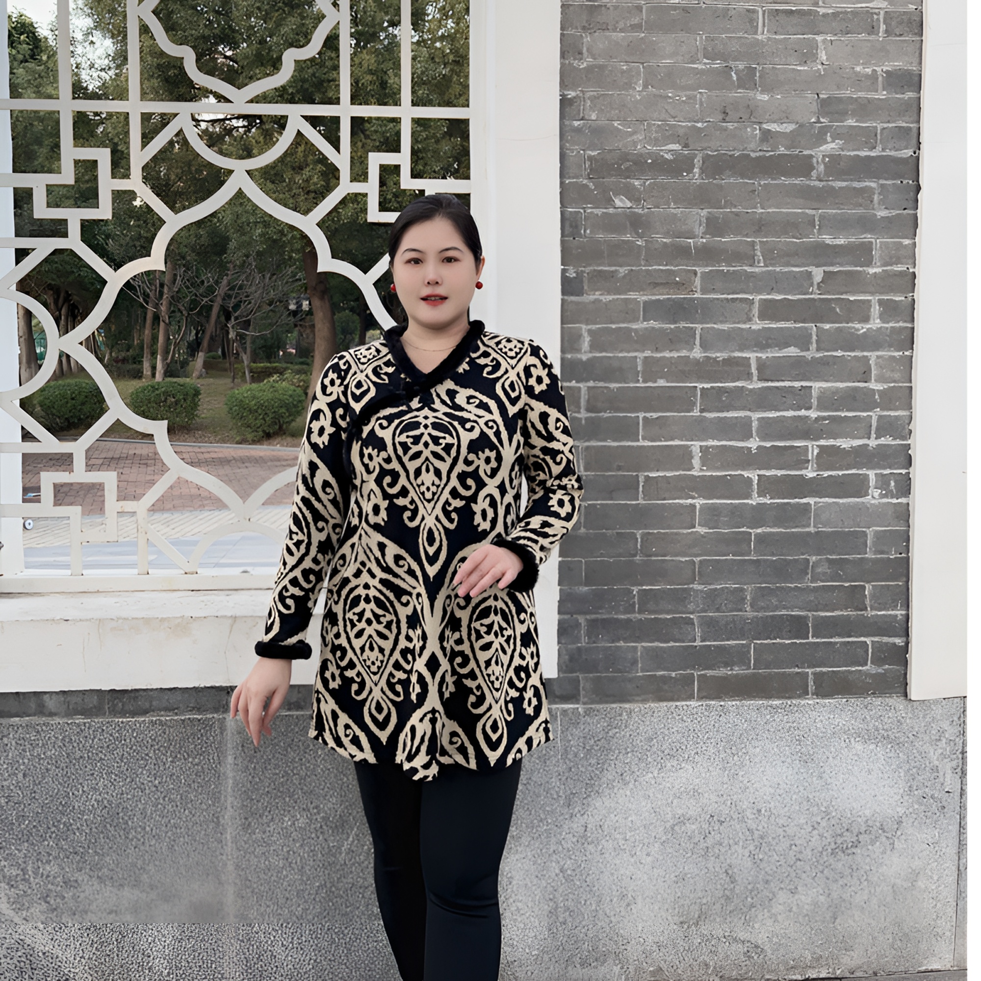 妃紫FZ23088原创大码加绒貂绒民族风大气花色毛领贵气中长款上衣