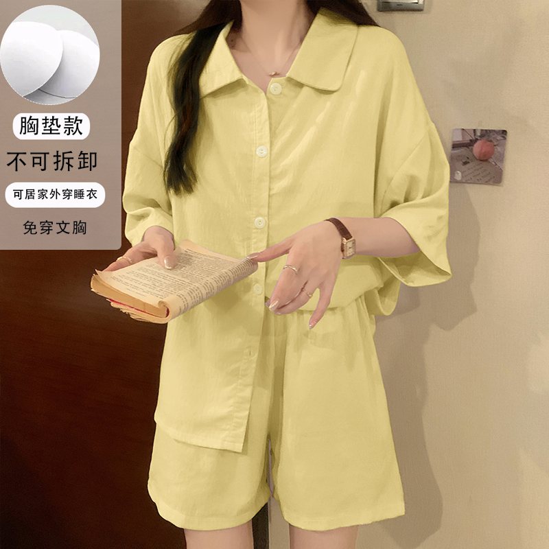 网红ins风衬衫睡衣女夏季短袖简约可外穿一体式带胸垫家居服套装