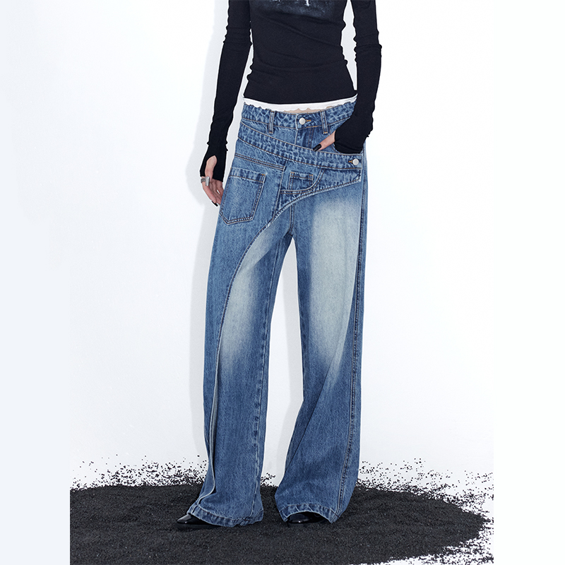 ourhour 斜拼错位 水洗蓝解构设计宽松裤裙式牛仔裤 女设计感长裤